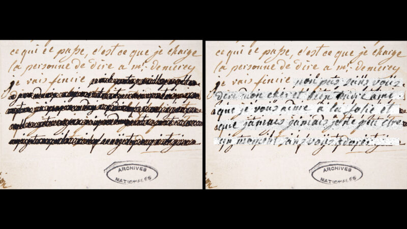 image of a letter written by Marie Antoinette with a blacked out section next to an image of the same letter where the blacked out section is visible