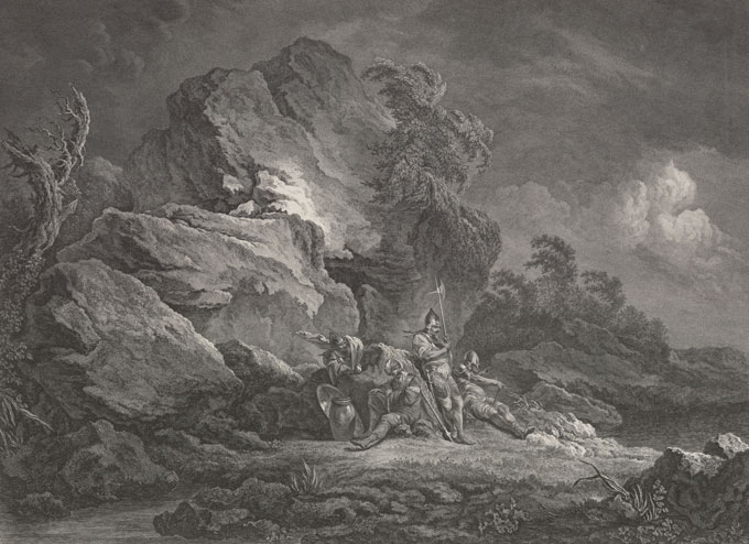 A 1778 engraving of four Swiss mercenaries in the mountains