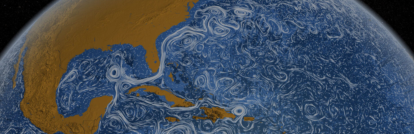 visualization of ocean surface currents in the oceans around the Americas
