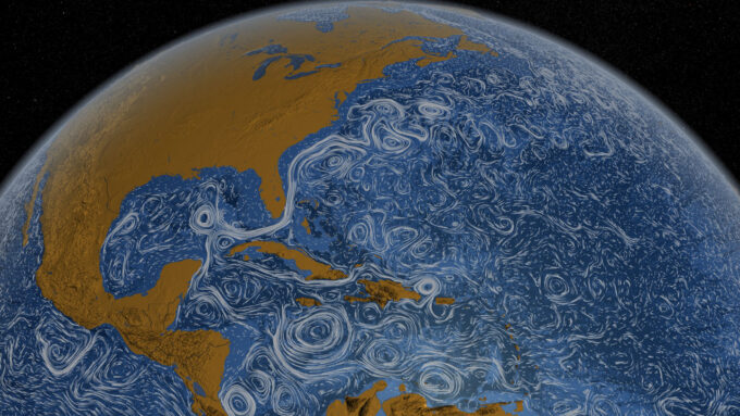 visualization of ocean surface currents in the oceans around the Americas