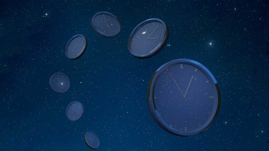 illustration of a clocks floating across the sky at different heights showing different times