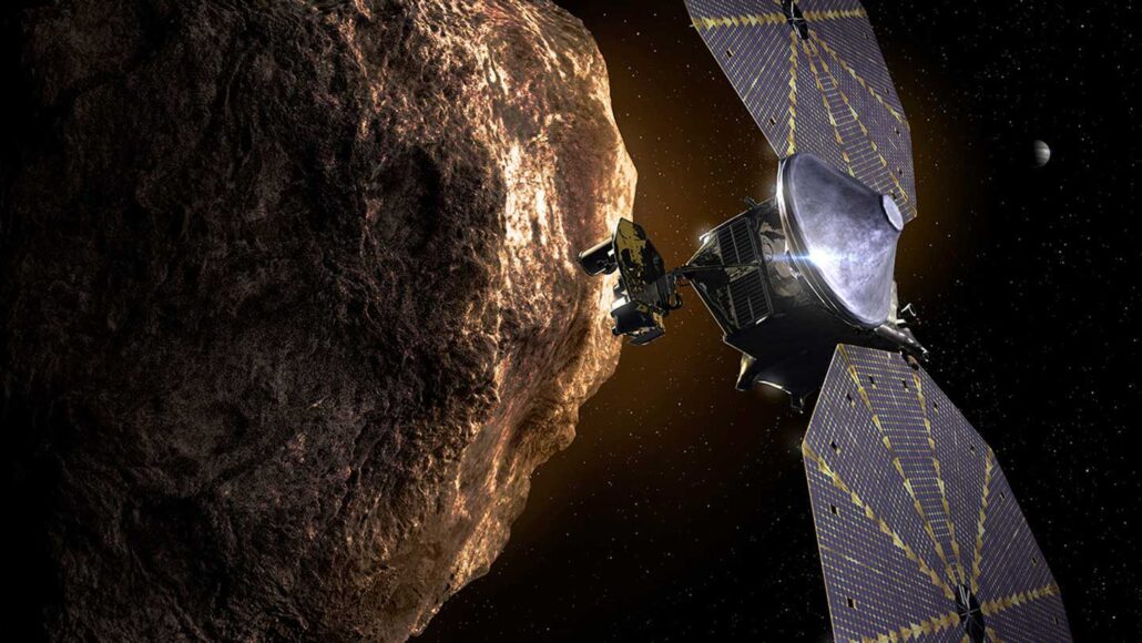 illustration of the Lucy spacecraft approaching an asteroid