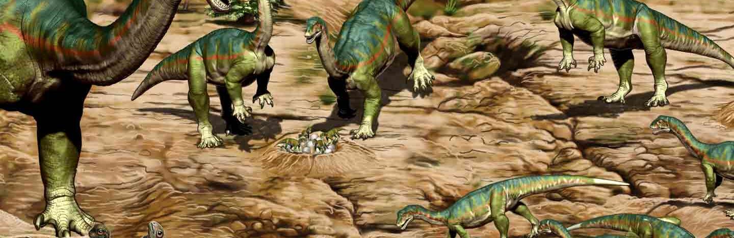 illustration of nine dinosaurs of differing ages