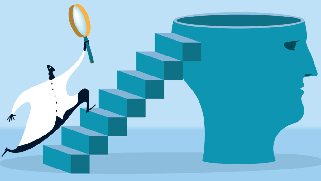 illustration of a scientist holding a magnifying glass running up stairs