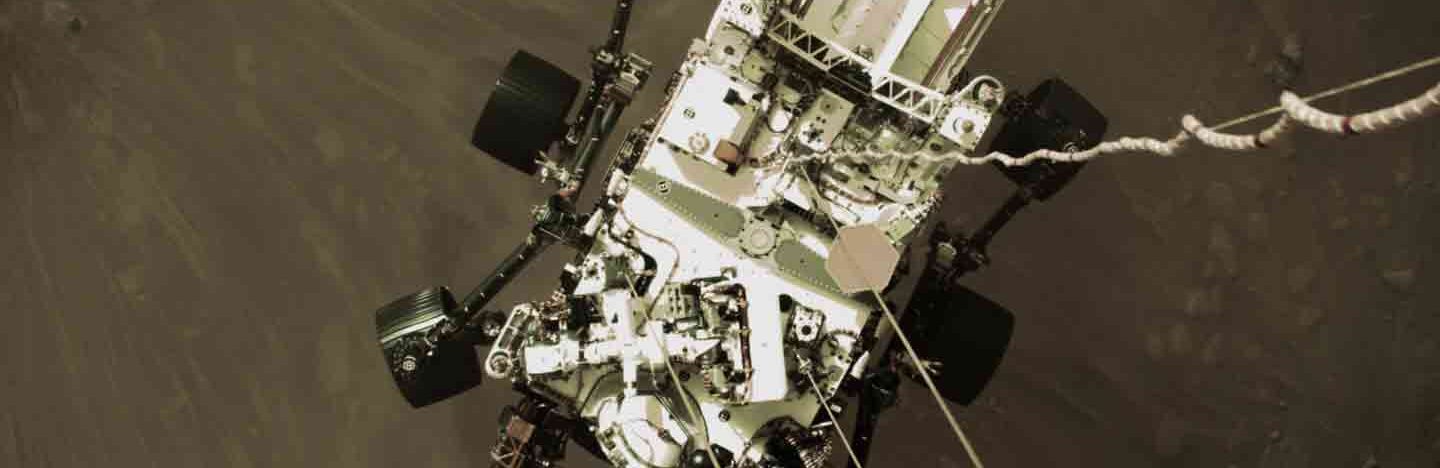 image of Perseverance rover from above, landing on Mars