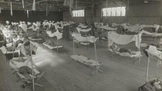 black and white photo of men on cots in an airplane hangar