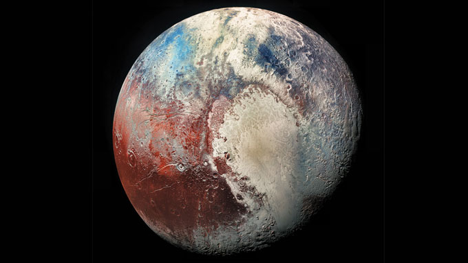 image of pluto showing different kinds of ices represented by different colors