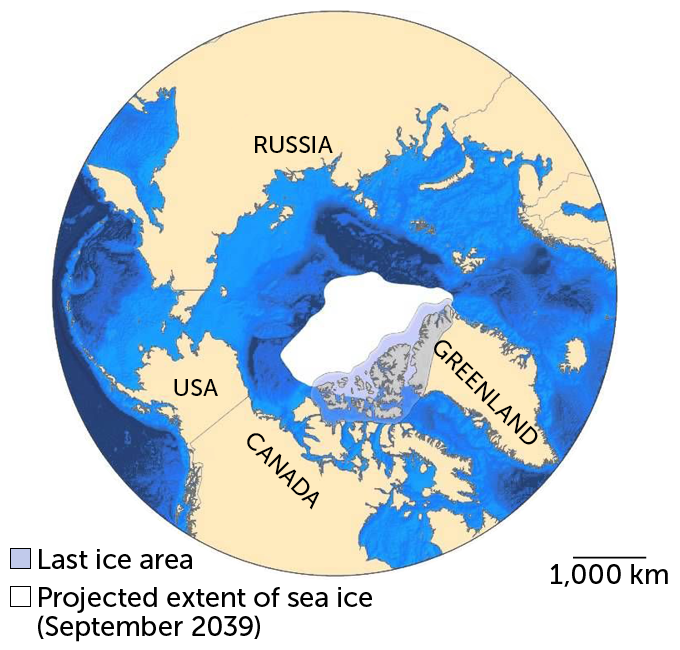 ένας χάρτης που δείχνει την τελευταία περιοχή πάγου και την προβλεπόμενη έκταση του θαλάσσιου πάγου μέχρι το 2039 (σημαντικά μικρότερη)