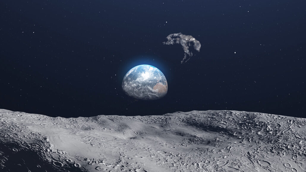 illustrazione della roccia spaziale Kamoʻoalewa alla deriva sopra la luna, con la Terra in vista in lontananza
