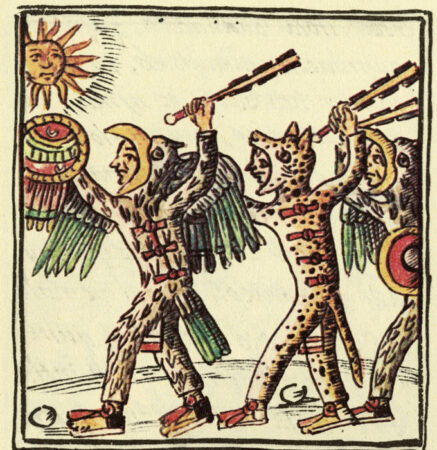 illustration of three Aztec warriors holding up macuahuitl clubs