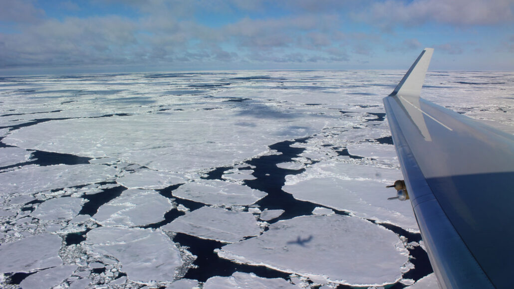 immagine del ghiaccio marino nell'Oceano Antartico presa dal finestrino di un aeroplano