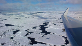 image of sea ice in the Southern Ocean taken from the window of an airplane