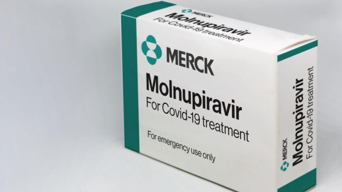a box labeled MERCK Molnupiravir for COVID-19 treatment for emergency use only