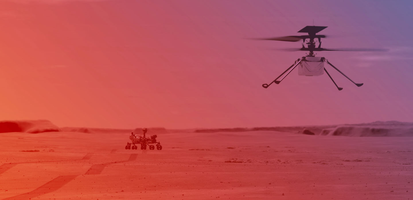 image of the Ingenuity helicopter flying towards the Perseverance rover with a red to purple color overlay