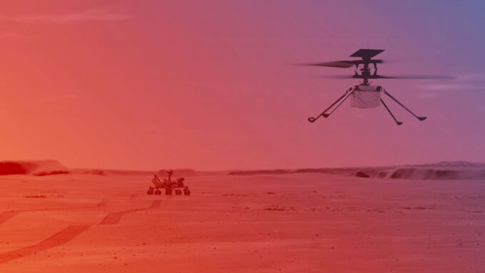 image of the Ingenuity helicopter flying towards the Perseverance rover with a red to purple color overlay