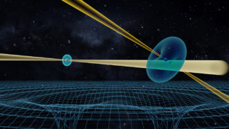 illustration of two blue pulsars emitting yellow beams of radiation