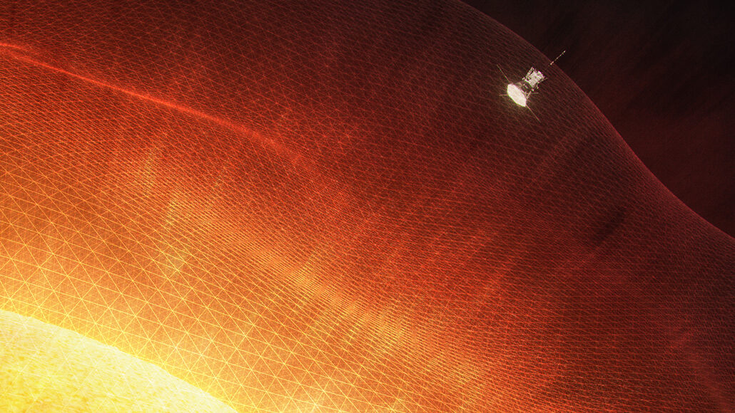 illustration of NASA's Parker Solar Probe visiting the Sun's atmosphere