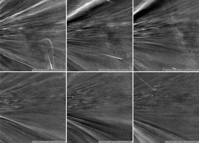 six black and white images of structures in the solar corona