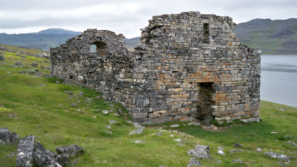 image of the remains of a church on a hillside in Greenland
