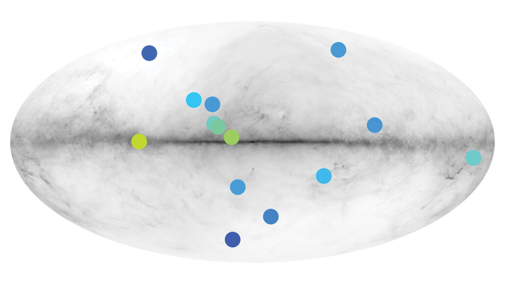 a map of the milky way with dots that might indicate anti-matter stars