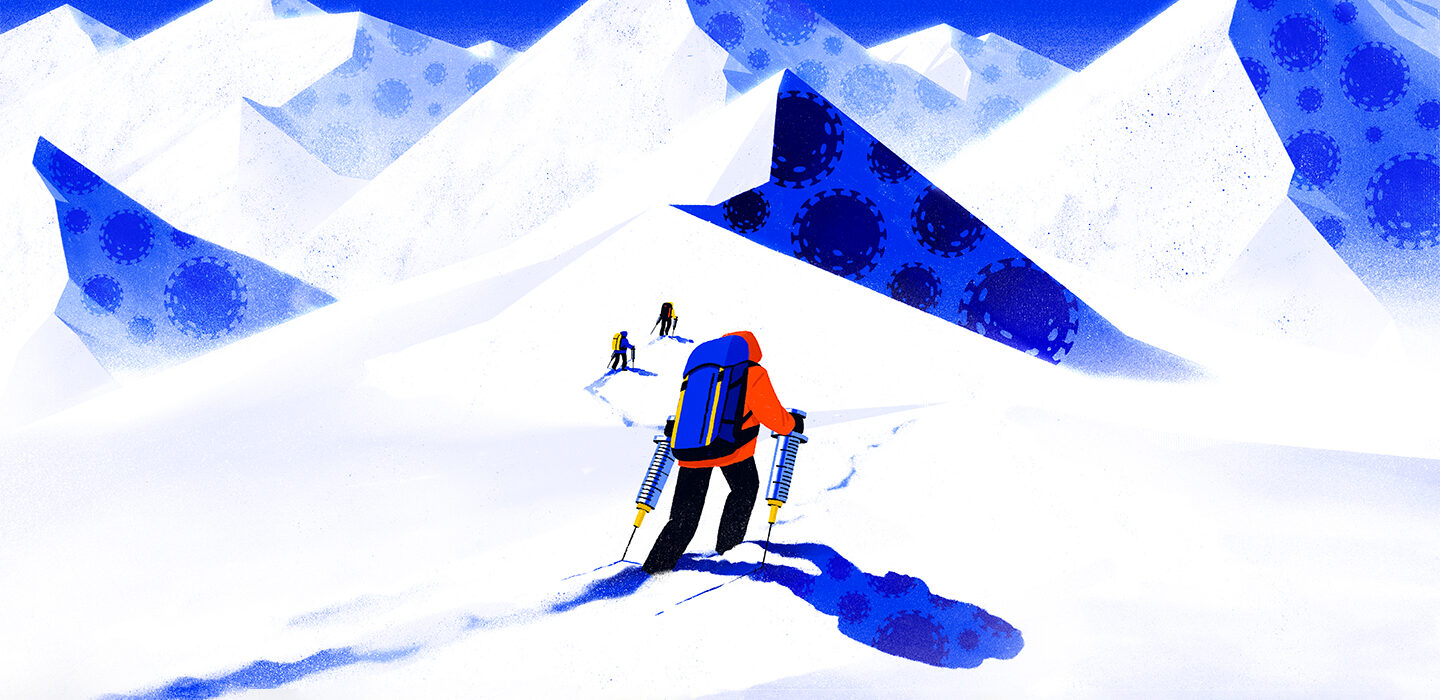 illustration of a person climbing a mountain with vaccine syringes as poles