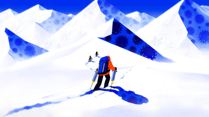 illustration of a person climbing a mountain with vaccine syringes as poles