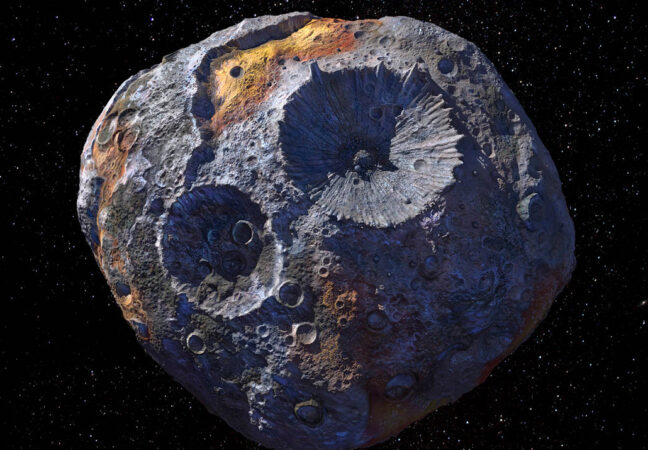 illustration of a gray space rock with two huge craters and fold highlights