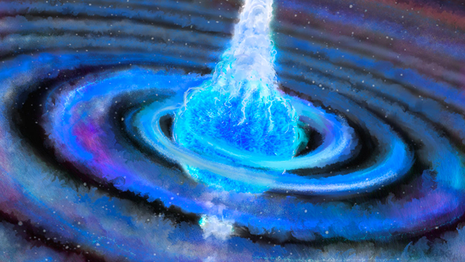 illustration of a blue jet of energy coming from a swirling star