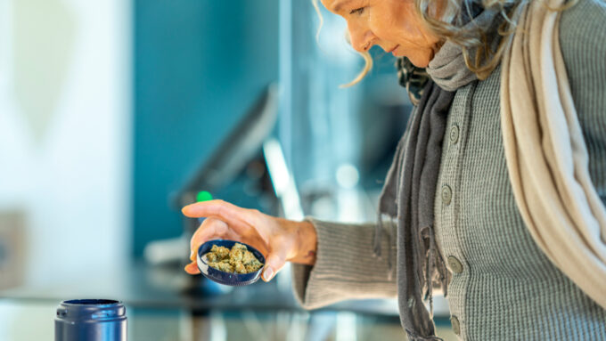 a lady with grey hair examining some marijuana