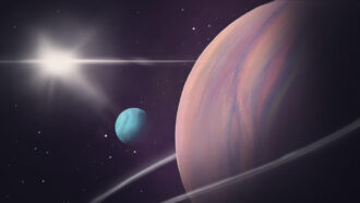 an illustration of the exomoon Kepler 1708 b i, shown as a blue-green orb, orbiting a large, Jupiter-like exoplanet