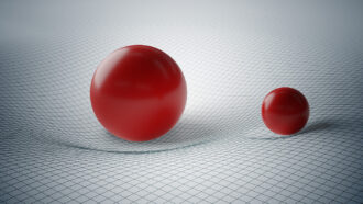 image of two red spheres warping a black and white spacetime grid