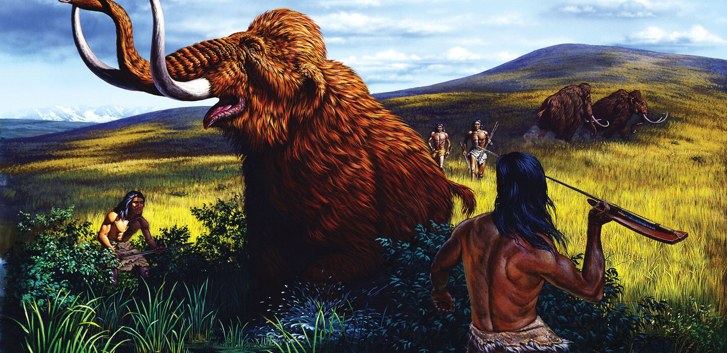 illustration of a clovis hunter aiming a spear at a mammoth