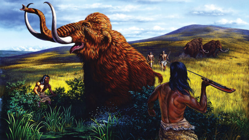illustration of a clovis hunter aiming a spear at a mammoth
