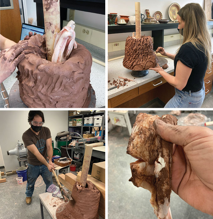 four images showing how researchers recreated a mammoth foot with beef encased in clay and tested a replica clovis blade