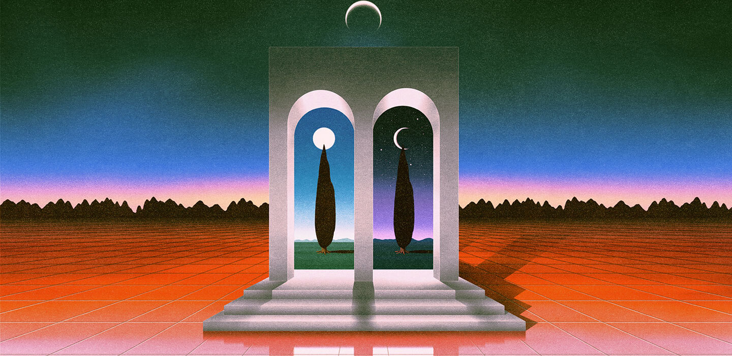 illustration of two arched doorways showing a tree in day and night