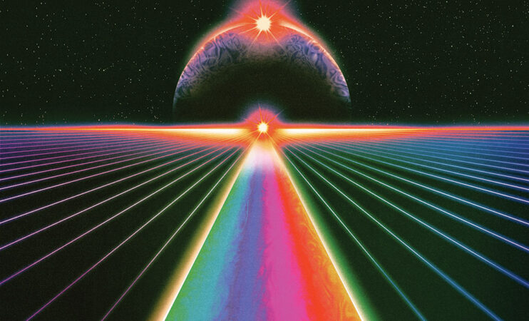 Illustration of rainbow in space ending in two flashes