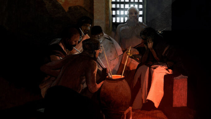 an illustration of ancient people gathered around a pot drinking from long straws
