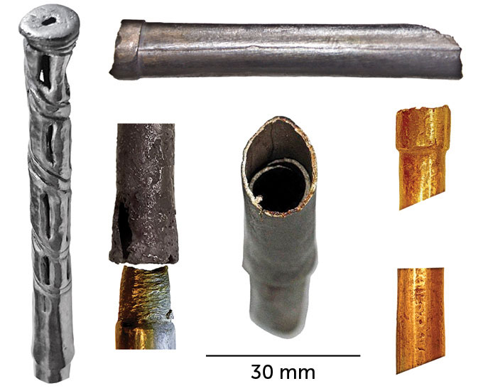 A composite image of fragments of gold and silver tubes that may have been used as drinking straws