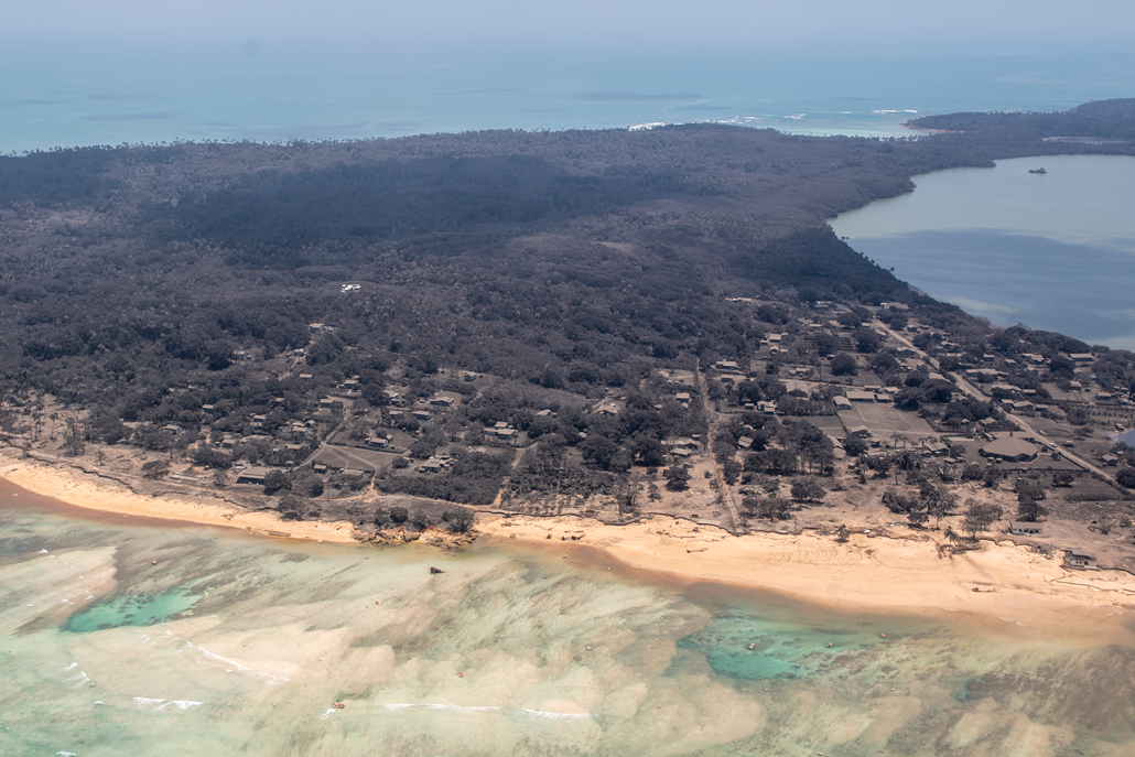aerial photo of the Tongan island of Nomuka, covered in ash