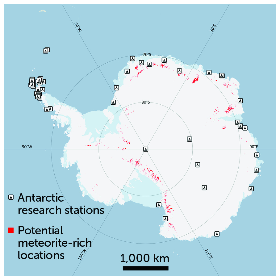 map of Antarctica showing research stations and potential meteorite-rich locations