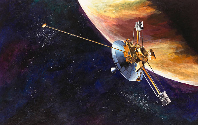 illustration of Pioneer 10 flying by Jupiter