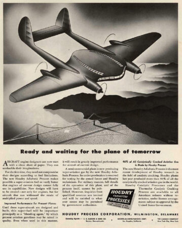 image of an aviation fuel ad by the Houndry Process Corporation that shows a plane and reads "Ready and waiting for the plane of tomorrow"
