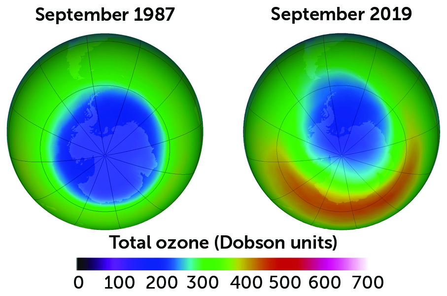 images of the ozone layer hole in 1987 and 2019