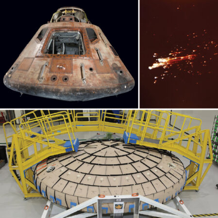 images of the Apollo 11 comand module, the module's atmospheric reentry and the Orion spacecraft