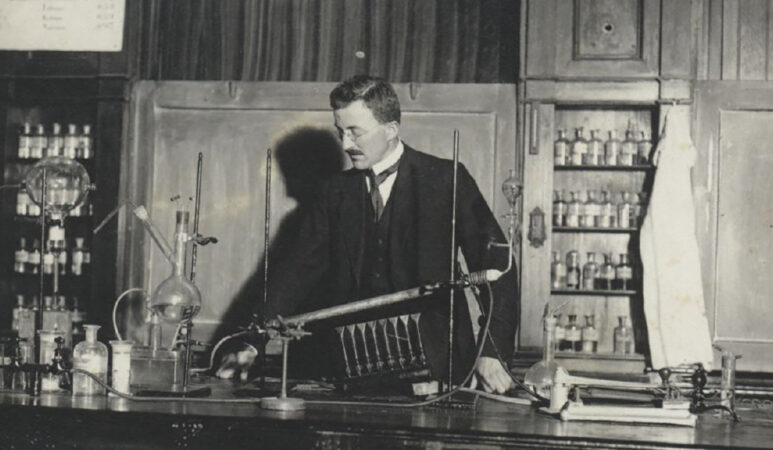 black and white image of Hermann Staudinger in a lab