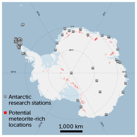map of Antarctica showing research stations and potential meteorite-rich locations