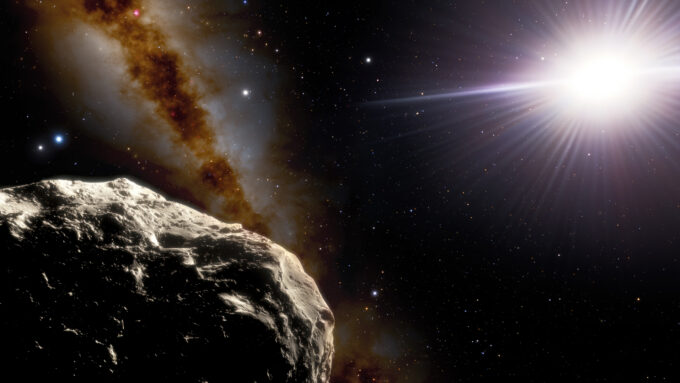 An illustration of a Trojan asteroid in space