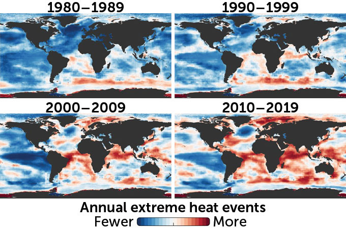four maps showing changes in sea surface temperatures by decade from 1980 to 2019