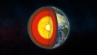 illustration of Earth's core structure showing the mantle in read, the outer core in yellow, and the inner core as a yellow sphere