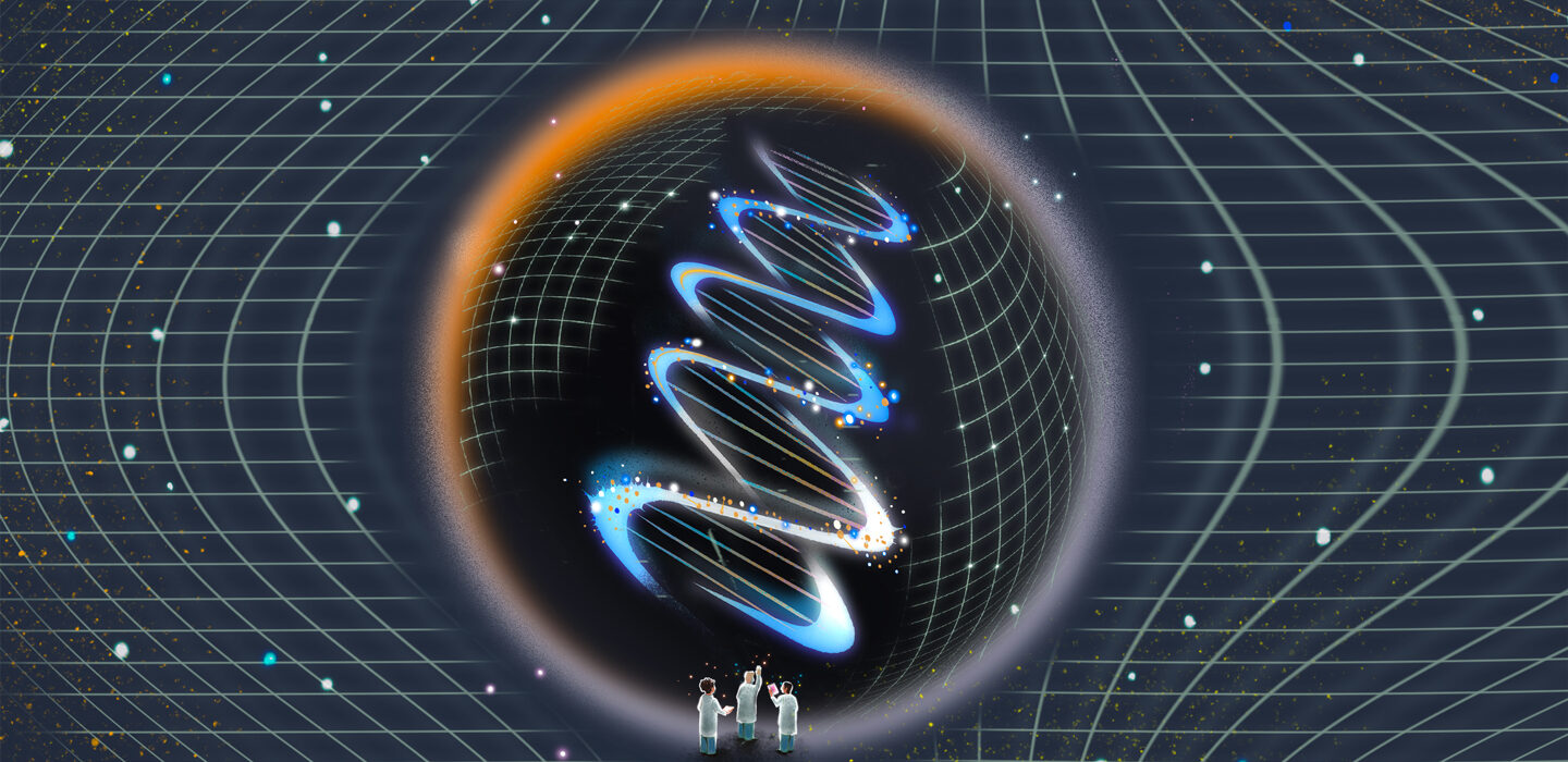 illustration of three scientists looking at DNA structure amid a spacetime grid